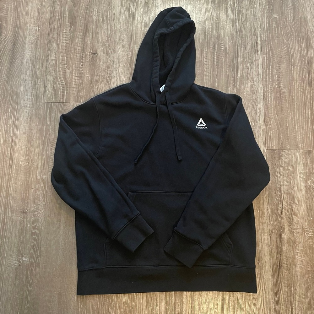 Reebok Mens Hoodie Size Large Black Cotton Blend Fleece Pullover Sweatshirt